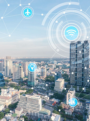 Stadt mit verschiedenen technologischen Ikons