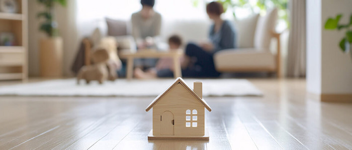 Modellhaus mit Familie im Hintergrund