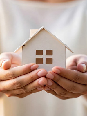 Person hält Modellhaus mit zwei Händen