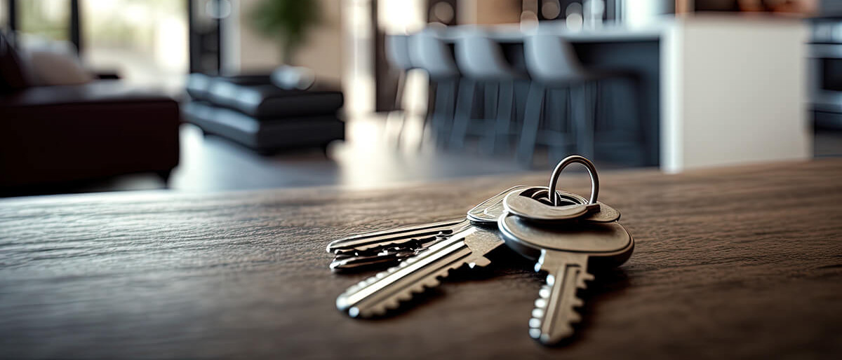 Schlüsselbund in moderner Wohnung auf Tisch