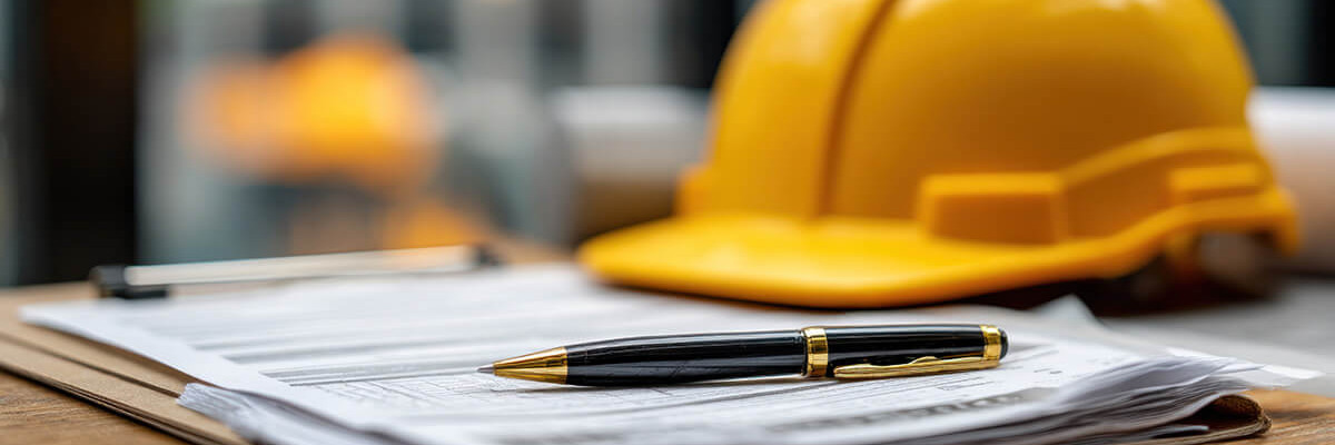 Helm und Kugelschreiber mit Dokumenten auf Tisch