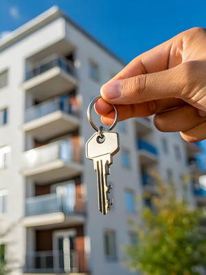 Hand hält Schlüssel vor Wohngebäude