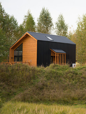 Tiny Houses in Grünen mit blauem Himmel