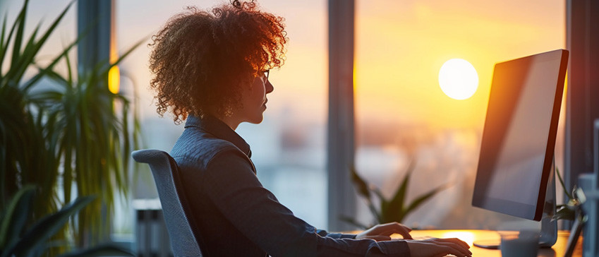Frau am Schreibtisch bei Sonnenuntergang und schaut in den Computerbildschirm