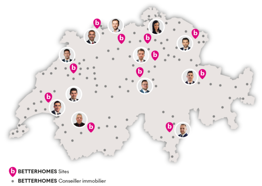 Carte de la Suisse avec les sites Betterhomes
