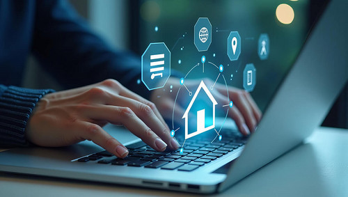 Mann Tipps auf Laptop mit digitalen Icons