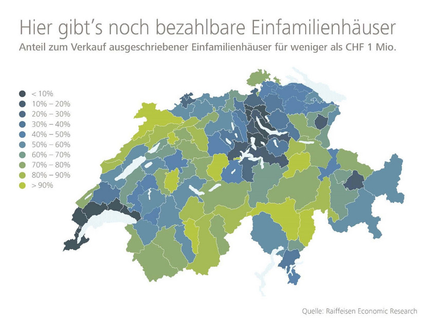 Schweizerkarte mit der Verteilung bezahlbarer Einfamilienhäuser