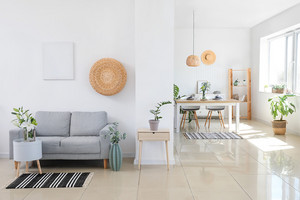 Stilvolle eingerichtete Wohnung mit grauem Sofa und hellem Möbeln