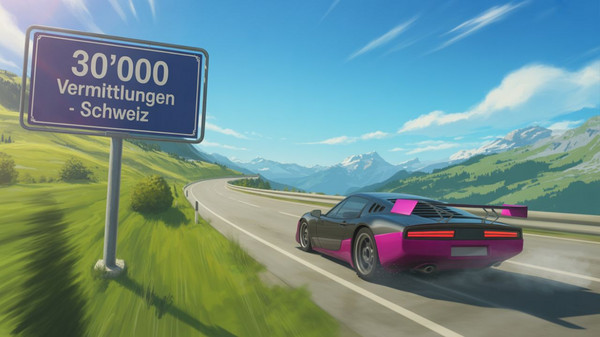 Sportauto fährt kurvige Strasse neben Schild 30'000 Vermittlungen