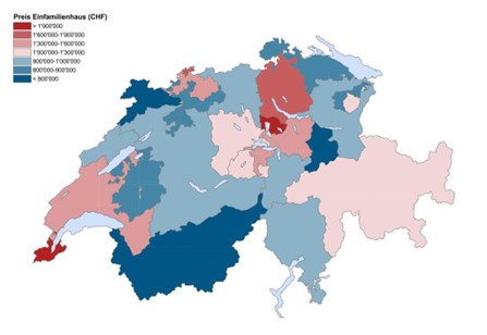 Schweizerkarte mit der Preisverteilung Einfamilienhaus