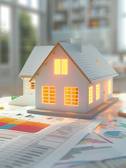 Modelhaus mit Energieeffizienz-Unterlagen