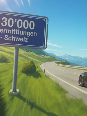 Sportauto fährt kurvige Strasse neben Schild 30'000 Vermittlungen