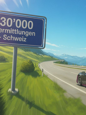 Sportauto fährt kurvige Strasse neben Schild 30'000 Vermittlungen