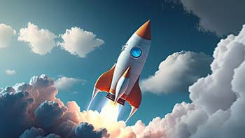 Rakete fliegt in den Himmel durch die Wolken